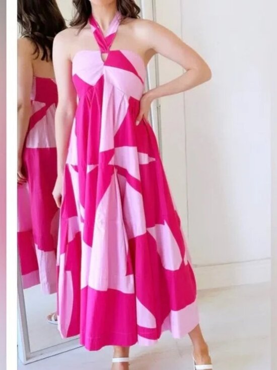 Swf Dresses & Skirts - SWF Tipping Point Midi Halter Dress 100% Cotton Poplin Pink Flowy NEW NWT Medium